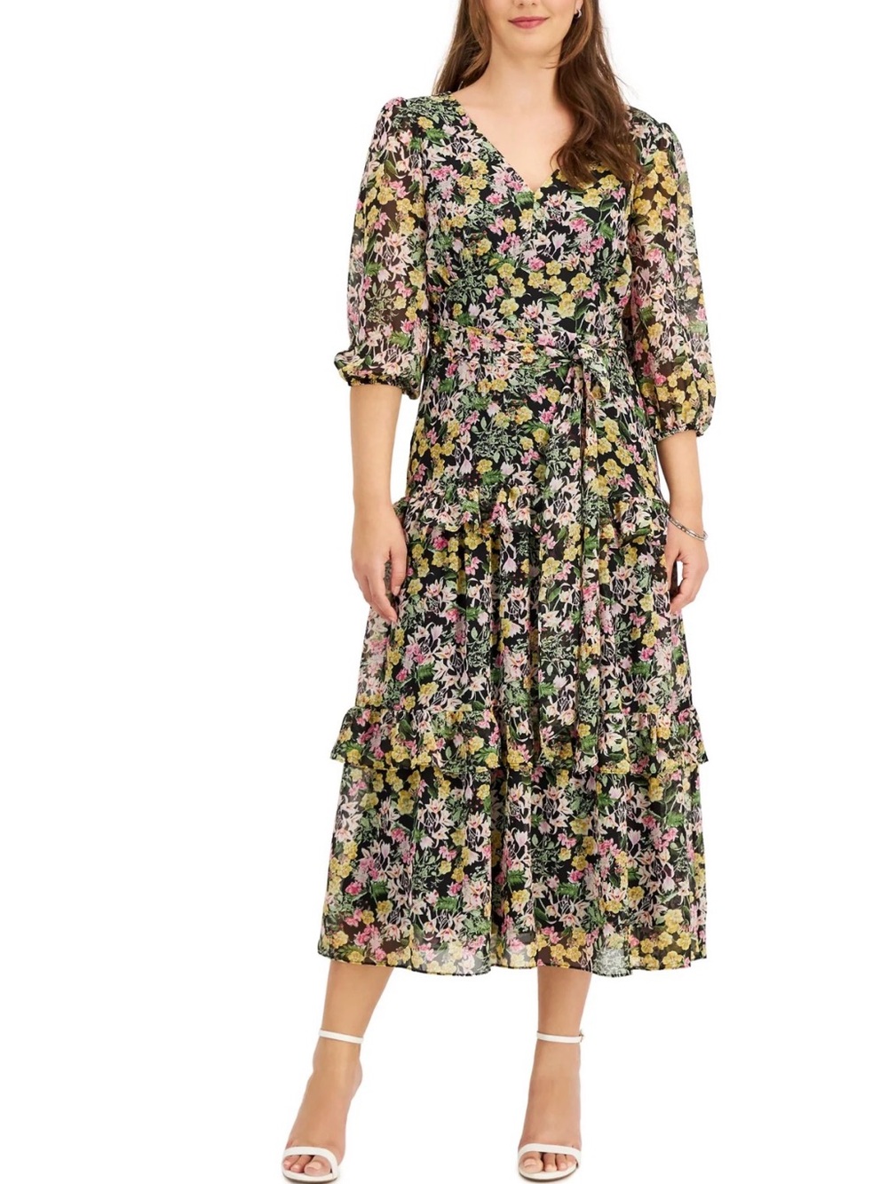 Taylor Black Floral Tiered Midi Dress with Pink & Green Accents